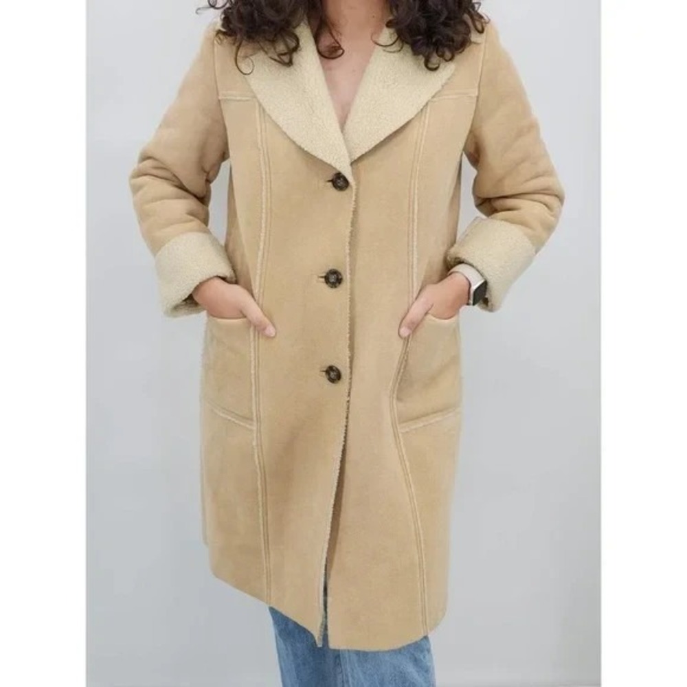 Vintage Faux Shearling Sherpa Lined Coat Womens M Beige Tan Lined Winter Jacket - Picture 1 of 12